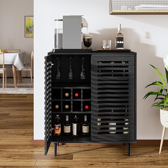 Mid Century Bar Cabinet with Wine Racks, Modern Liquor Cabinet with Slatted Doors for Dining Room, Living Room (Black)