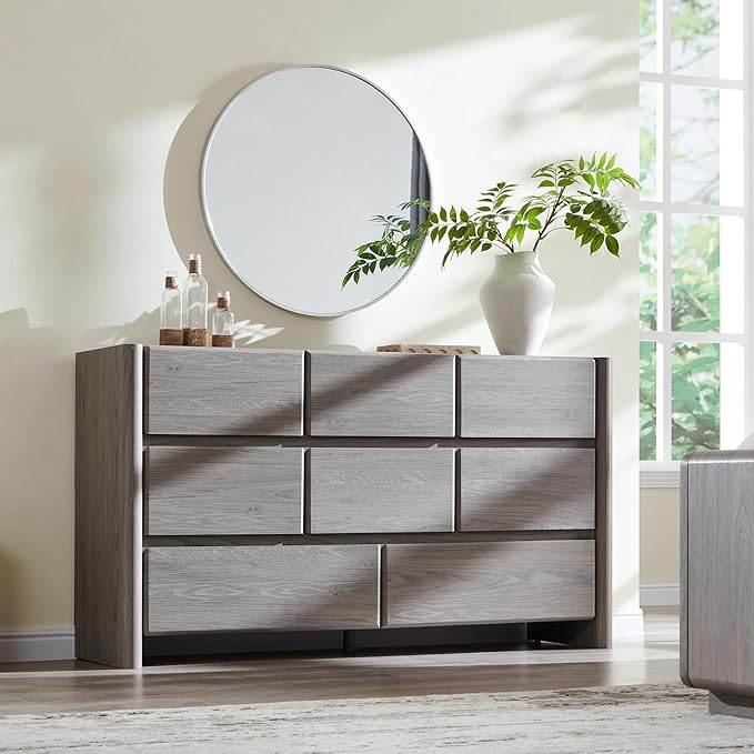 Modern 8 Drawers Dresser for Bedroom, 55" Wide Dresser w/Large Storage & Rounded Corner, Wood Handleless Chests of Drawers w/Natural Texture for Bedroom, Hallway, Living Room-Light Grey