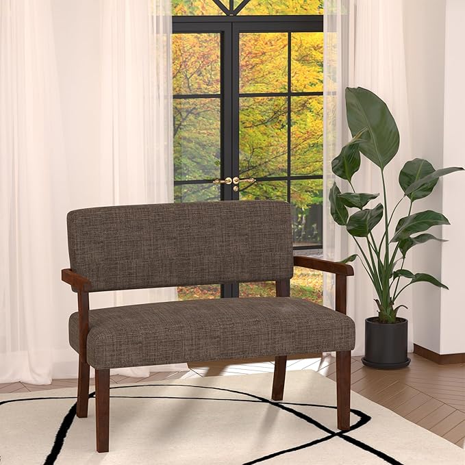 Accent Chair 2 Seat, Upholstered Reading Leisure Chair, Bench with Solid Wood Frame for Dining, Reading,Waiting Rooms (Brown)