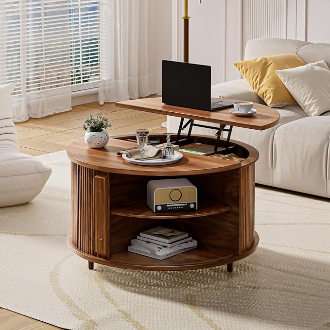 Round Lift Top Coffee Table, 31.5” Fluted Wood Lift Up Center Table with Sliding Door & Hidden Storage, Mid Century Modern Coffee Table for Living Room & Home Office (Walnut)