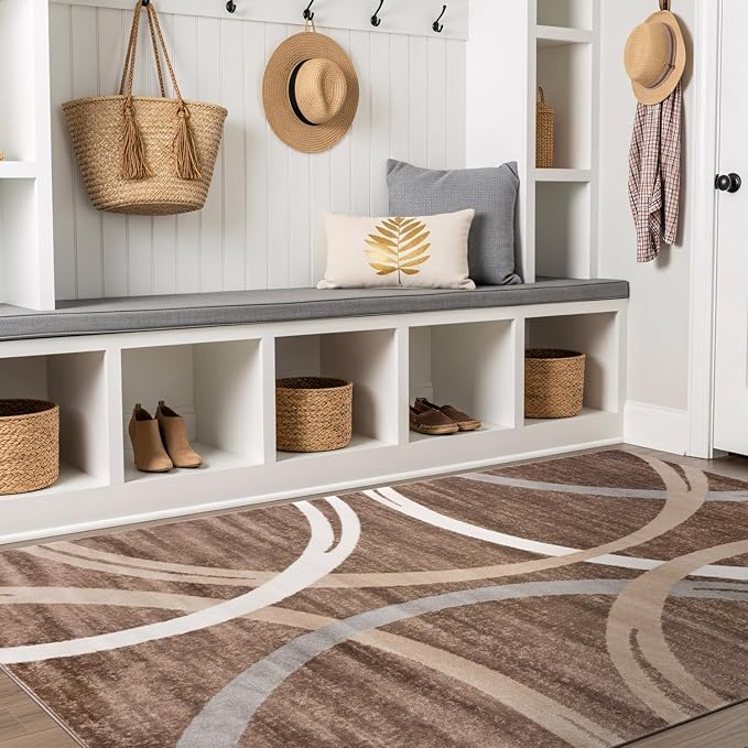 Rugshop Modern Wavy Circles Design Area Rug, Fade-Resistant Carpet for Bedroom, Office, or Small Spaces, Brown, 3'3" x 5'