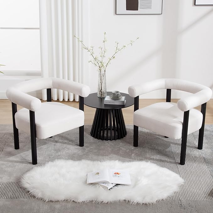 Barrel Accent Chairs Set of 2, Linen Upholstered Modern Living Room Chairs, Comfy Accent Chairs with Curved Backrests and Wood Legs Armchairs for Living Room, Bedroom, Beige
