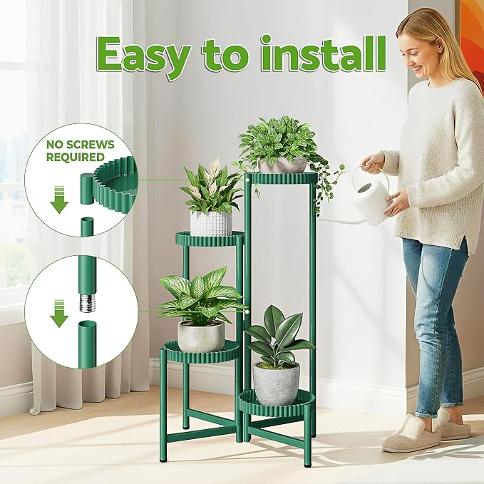 4-Tier Metal Plant Stand Indoor Outdoor, Corner Tall Plant Shelf for Multiple Plants, Foldable Plant Stand, Heavy Duty Flower Stand Holder for House Living Room Balcony Garden Patio -GreenFloroma