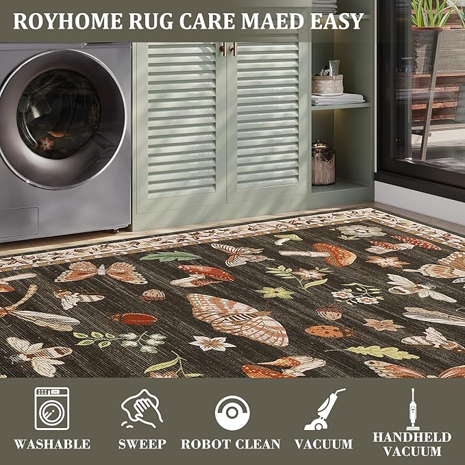 Washable 9x12 Area Rugs Living Room Large Rug Boho Vintage Floral Carpet Soft Bedroom Indoor Floor Mats Non-Slip Farmhouse Rustic Style Carpet for Nursery Dining Room Home Decor Office, Brown