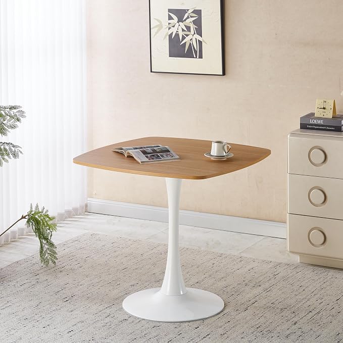 31.5" Natural Tulip Table, Square Small Dining Table for 4, Pedestal Table with Metal Base, Mid Century Bistro Table for Kitchen & Small Spaces