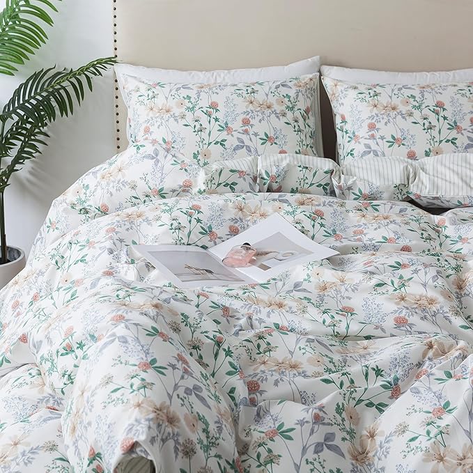 HoneiLife Duvet Dover Queen Size - 100% Cotton Comforter Cover, Breathable Bedlinen for Set for Queen Beds, 3-PC Wildflower Comforter Cover Sets,Desert Rose