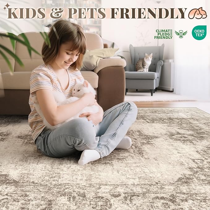 Area Rug 8x10 Vintage Rugs: Large Washable Indoor Medallion Rug Low Pile Distressed Floor Carpet Retro Accent Rugs for Living Room Bedroom Kitchen Dining Table Home Office(Taupe, 8'x10')