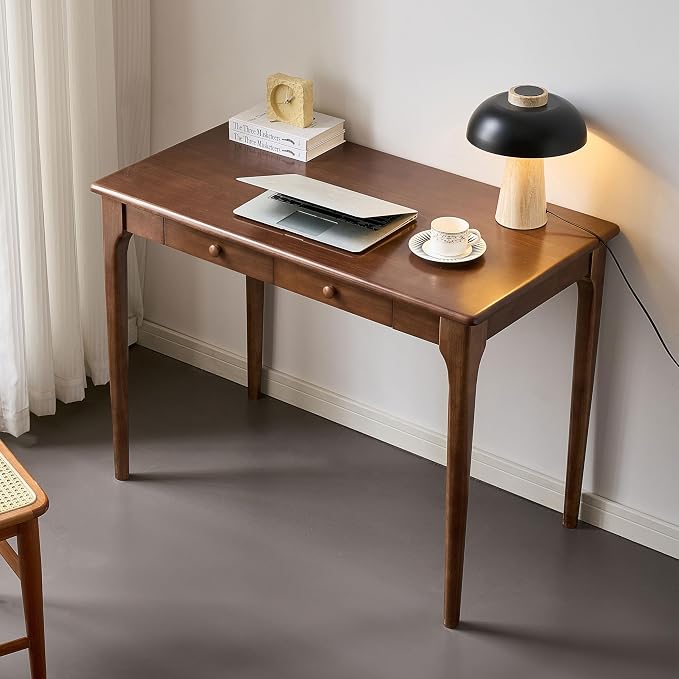 40" Walnut Solid Wood Desk with Drawers,Mid Century Modern Natural Real Wood Writing Desk,Home Bedroom Small Spaces Computer Office Workstation Desks