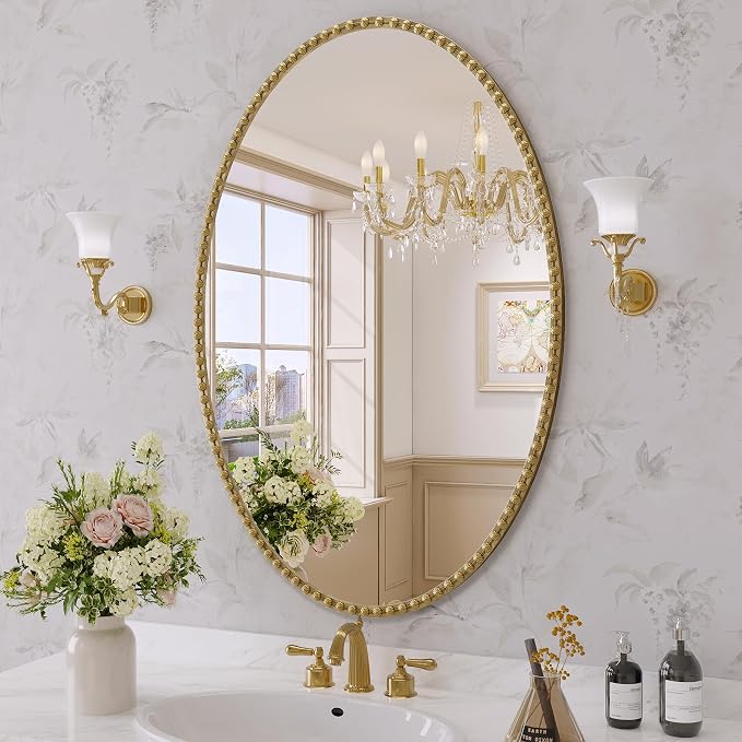 Gold Oval Bathroom Mirror, 26x38 Inch Floral Oval Mirrors for Wall, Antique Gold Metal Floral Frame Mirrors for Bedroom Living Room Hallway, Hangs Horizontally or Vertically