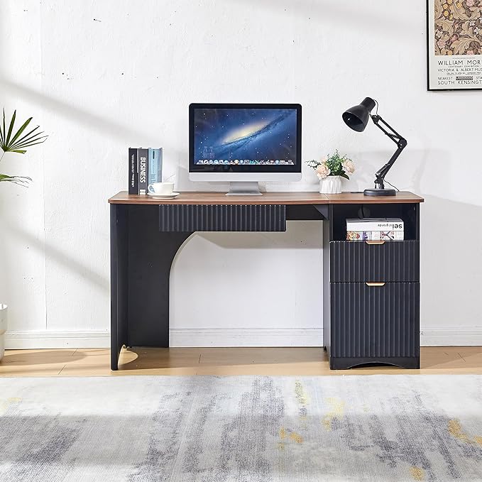 55" Modern Computer Desk with Keyboard Tray, Built-in Power Outlets, Fluted Design, 2-in-1 Main Drawer & Adjustable File Drawer, Office Desk for Home Workspace (Walnut with Black)