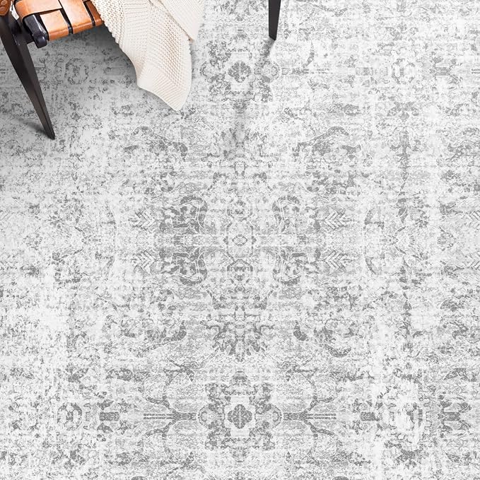 8x10 Area Rugs for Living Room, Non-Slip Backing Washable Rug 8x10, Grey Large Area Rug Soft Carpet for Bedroom Dining Room, Vintage Floral, Easy Clean, Durable, Low Pile Rug Under Table