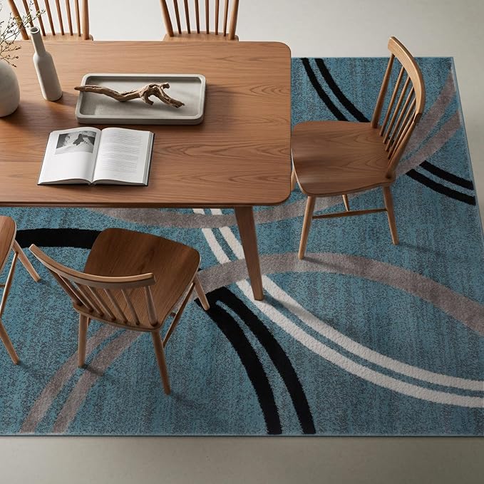 Rugshop Modern Wavy Circles Design Area Rug, Fade-Resistant Carpet Alfombras, Perfect for Bedroom, Dining Room and Living Room, Blue, 8'8" x 12'