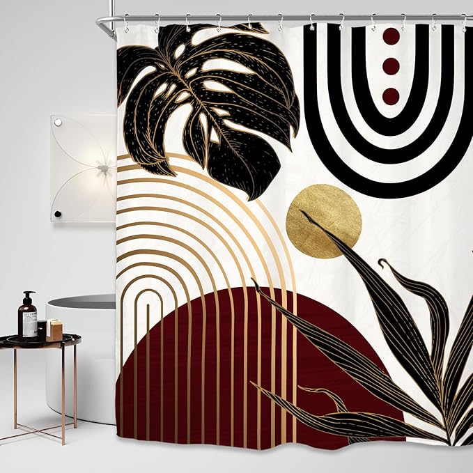 Miyotaa Abstract Burgundy Black Shower Curtain Set 60Wx71H Inches Modern Minimalist Aesthetic Mid Century Retro Leaves Modern Contemporary Waterproof Bathroom Curtain with 12 Hooks