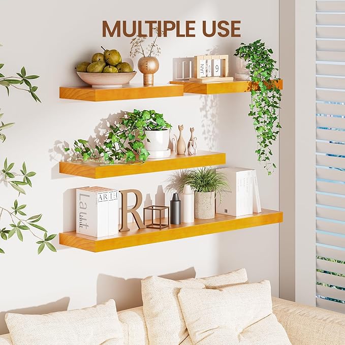 Heimlove 36 Inch Floating Shelves for Wall Brown Shelves Set of 2,Wall Mounted Rustic Wood 8 Inch Deep Floating Shelf with Invisible Brackets for Bedroom Kitchen Living Room
