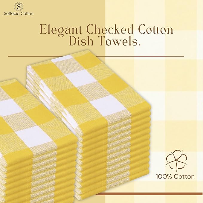 Buffalo Check Kitchen Towels, 16x26 Inches, 12 Pack Plaid Tea Towels, Reusable Cotton Dish Cloths, Quick Drying, Absorbent Towel for Cooking, Drying Dishes, Lemon Yellow and White