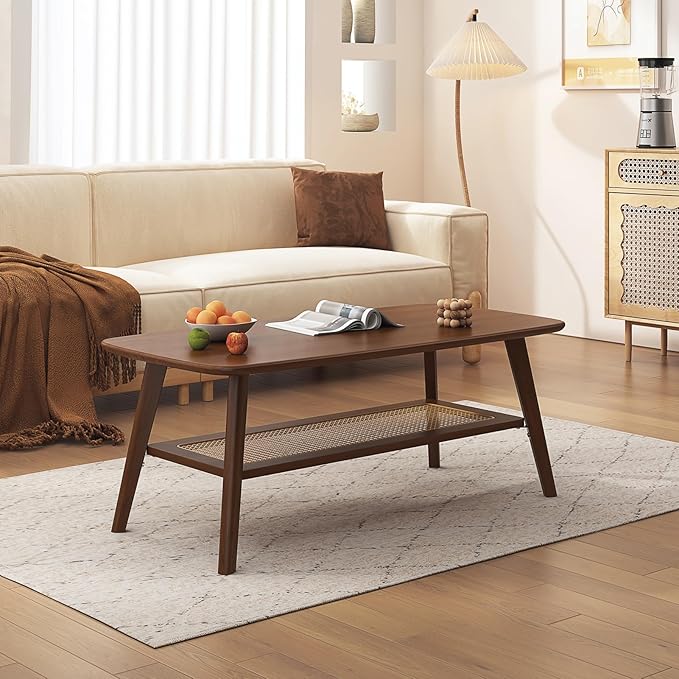 Coffee Table Small Solid Wood Center Table Mid Century Vintage Living Room Coffee Table, Walnut Rattan 39.37 Inch