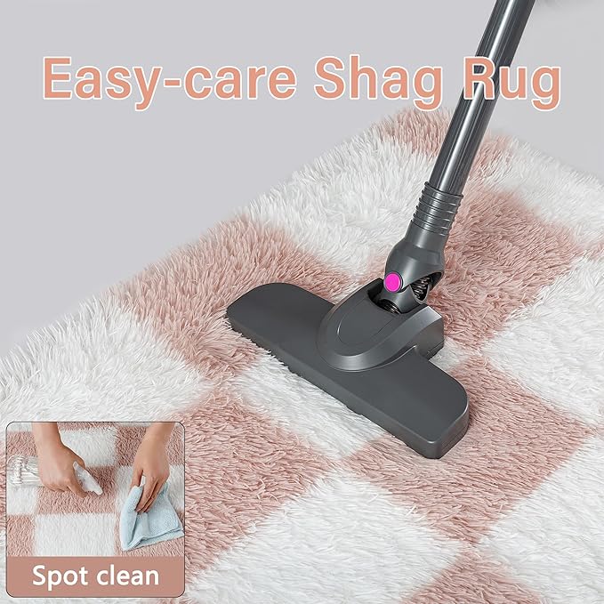 Checkered Rug 9x12 for Living Room, Pink and White Modern Shag Rug Washable Non-Slip Large Area Rug Super Soft Indoor Fuzzy Carpet Fluffy Rugs for Bedroom Home Aesthetic Decor