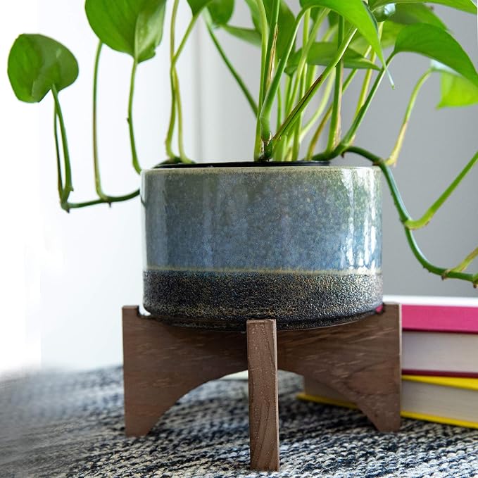 Flora Bunda Mid Century 5.1 inch Lava Ceramic ON Wood Stand,Blue