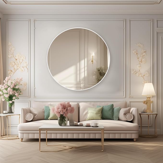 Tanmicoshomy Large Round Mirror 36 inch, White Wood Framed Circle Wall-Mounted Bathroom Mirror with Tempered Glass-Shatterproof for Entryway, Living Room or Bedroom