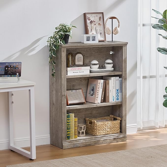 43" Grey Tall Bookshelf Set of 4,3-Tier Thick Wooden Book Shelf with Adjustable Shelves,Free Standing Farmhouse Bookcase with Open Display Storage,Floor Vintage Bookshelves for Living Room