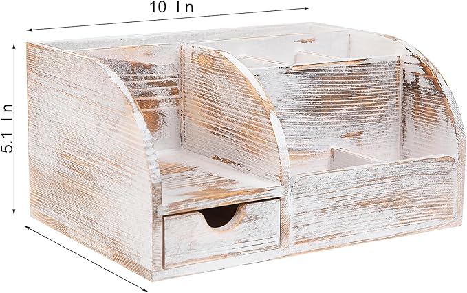 Office Desk Drawer Supply Organizer and Accessories, Wood Desk Organizer with 6 Compartments & 1 Drawer Binders Folder Papers Holder Pen Holder Office Desktop File Organizer (Washed white)