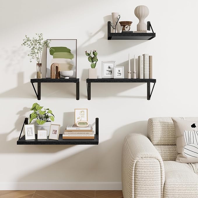 Deep Wall Shelves 12"W x 12"D Engineered Wood Floating Shelves for Wall, Sturdy Metal Bracket Bookshelves Home Decor Storage for Living Room Bedroom Bathroom Kitchen, Set of 2, Black Finish