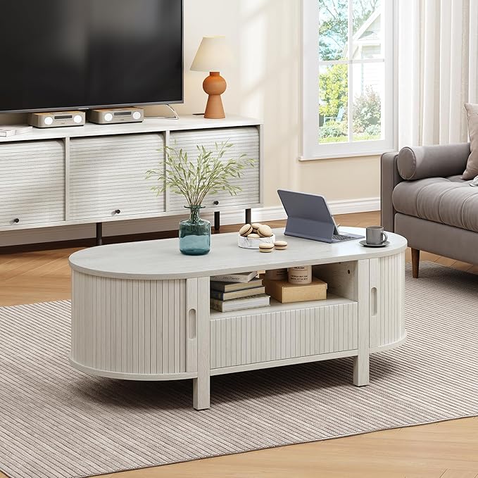 ONBRILL 47.2 Inch Oval Coffee Table with Storage, Mid Century Modern Coffee Table with Drawer, Center Table with Sliding Door and Wood Fluted Handle for Living Room, Natural White