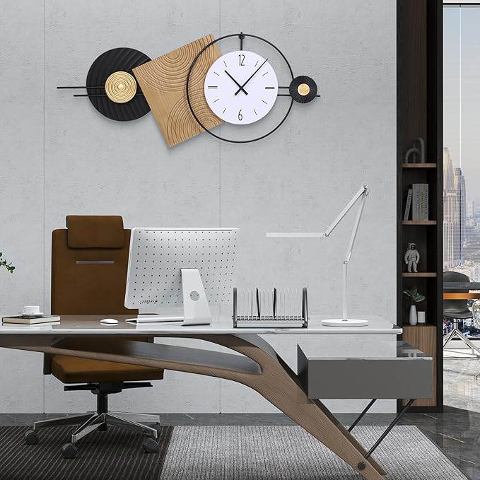 37.7X21Inch Large Modern Wall Clock Geometric Dial-Solid Wood Metal Frame Silent Non Ticking Wall Clocks for Living Room, Bedroom Decoration, Contemporary Home Wall Decor Gift Idea