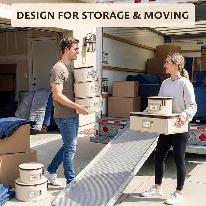 China Storage Hard Shell Containers 5-Piece Set Moving Boxes for Dinnerware, Glasses, Plates, Mugs and Saucers Sturdy Dish Organizer with Dividers for Seasonal Storage - Service for 12 - Beige Quilted
