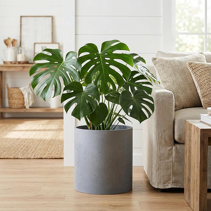 FaithLand Plant Pot 12 inch - Perfectly Fits Mid-Century Modern Plant Stand - Drainage Plug - Gray Planter Pot