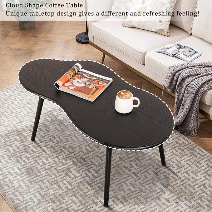 Small Coffee Table Black Cloud Coffee Table for Small Spaces Modern Center Table Unique Irregular Coffee Table with Wood Legs Living Room Mid-Century Sofa Table
