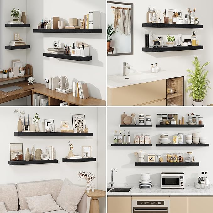 fuqing Floating Shelves for Wall, Wall Mounted Wood Floating Shelf with Invisible Brackets for Living Room, Bathroom, Bedroom, Kitchen Storage and Decor, 32 Inch Set of 2, Black