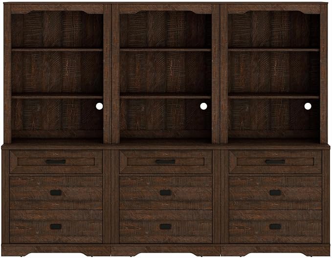 WAMPAT 3 Column 73.3" Tall Bookcase with Chest of Drawers, 94.5 inch Wide Standing Rustic Bookshelves, Modern Farmhouse Display Storage Cabinet with Adjustable Shelves,Dark Wood Brown