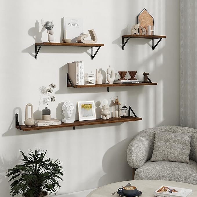 Floating Shelves, 8 Inch Deep Rustic Wood Wall Storage, 16W x 8D Wall Shelves Set of 2, Heavy Duty Metal Brackets, Industrial Book Shelf for Living Room, Kitchen, Bathroom, Bedroom, Walnut