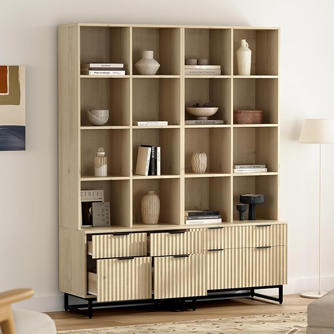 Tall Fluted Bookshelves with Drawers Set of 2, 71" Tall Bookcases 4 Tier Display Cabinet with Storage Floor Standing, Versatile Modern Large Book Shelf for Home Office Living Room (Light Oak)