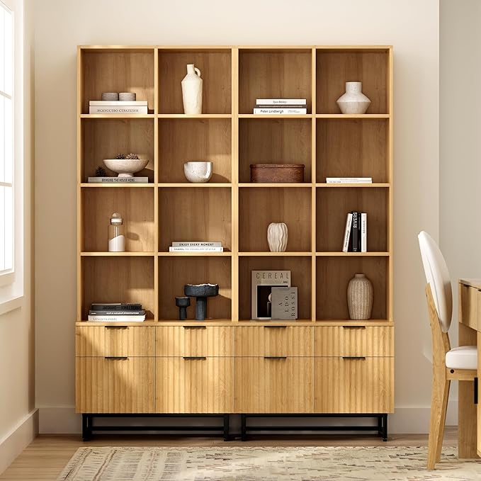 Fluted Tall Bookcase with Drawers Set of 4, 71" Tall Bookshelf Display Cabinet with Open Adjustable Shelf, Mid Century Farmhouse Book Shelf for Office Kitchen Living Room (Natural Oak)