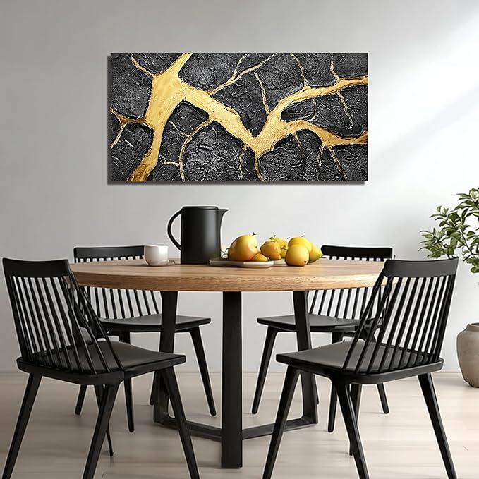 DNIEOTU Abstract Wall Art for Living Room, Black and Gold Hand-Painted Canvas Wall-Decor for Bedroom, 3D Textured Paintings, Size 40 x 20 Inches