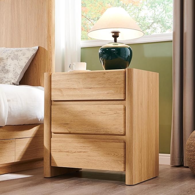 25" Tall Modern Nightstand with Charging Station, 23.6" W Nightstand with 3 Storage Drawers & Open Shelf, Wood Night Stand w/Rounded Corner Design for Bedroom, Living Room (Natural)