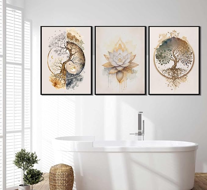 3 Pcs Tree of Life Wall Art Modern Gold Lotus Zen Canvas Wall Decor Abstract Yin Yang Posters Pictures Yoga Meditation Studio Painting Prints For Living Room Hotel Bedroom Home Decoration Unframed