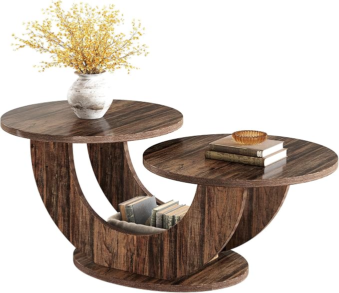 Tribesigns 46-inch Round Coffee Table, Modern Living Room Coffee Table with Funky U-Shaped Frame, Low Accent Center Tea Table for Home, Apartment, Rustic Brown