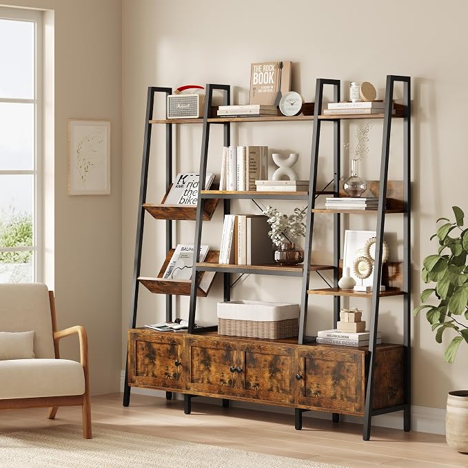 kepptory Large Ladder Bookshelf with 3 Storage Cabinets, Triple Wide 4-Tier Open Bookcase with Storage for Living Room, Bedroom, Home Office, Rustic Brown