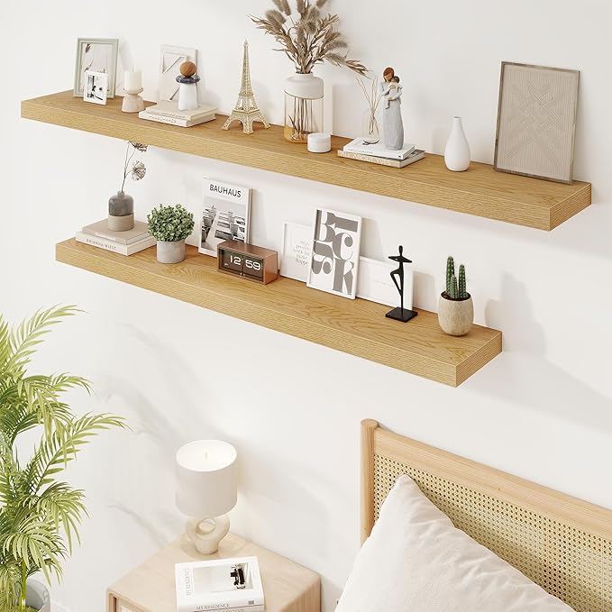 55in Floating Shelves for Wall, 55"W x 9.25"D x 1.5"H, Long Wall Mounted Engineered Wood Shelves with Invisible Brackets for Living Room, Bedroom, Bathroom, Kitchen Decor and Storage, Oak