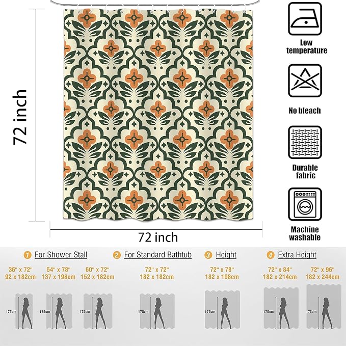 Vintage Boho Floral Shower Curtain,Mid Century Modern Abstract Orange Green Bathroom Curtain,Polyester Fabric Waterproof Bath Curtains 72x72 Inch with 12 Hooks