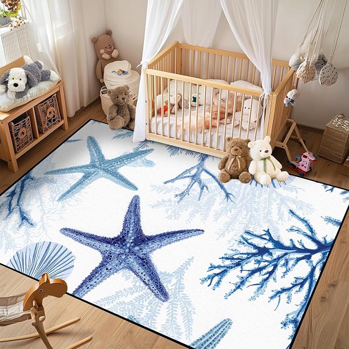 Coastal Starfish Rug 4'x6' Blue Ocean Area Rug Coral Seashell Floor Mat Washable Low Pile Carpet for Bedroom Living Room Kitchen Nursery Playroom Home Decor