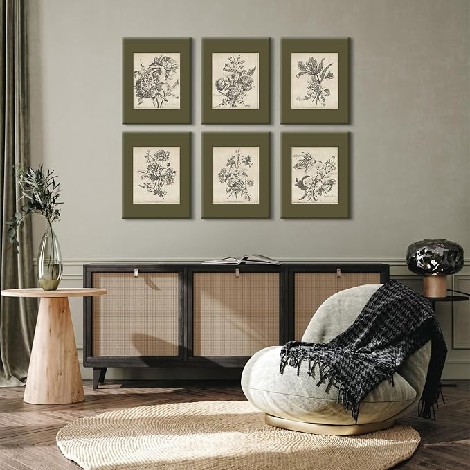 Vintage Floral Wall Art Sketch Flower Prints Antique Botanical Canvas Wall Art Decor Vintage Etchings Floral Poster Green Botanical Painting Sage Green Artwork for Bedroom 12x16x6 Inch Wrapped Canvas