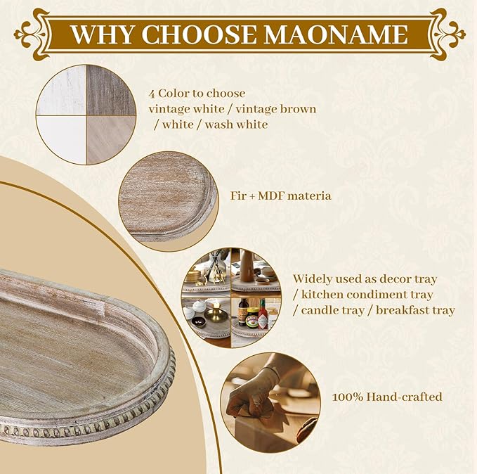 MAONAME Wood Serving Tray, Farmhouse Wooden Tray for Coffee Table, Oval Beaded Trays, Washed White Decorative Trays for Living Room, Kitchen, 15" X 9" X 1.2"