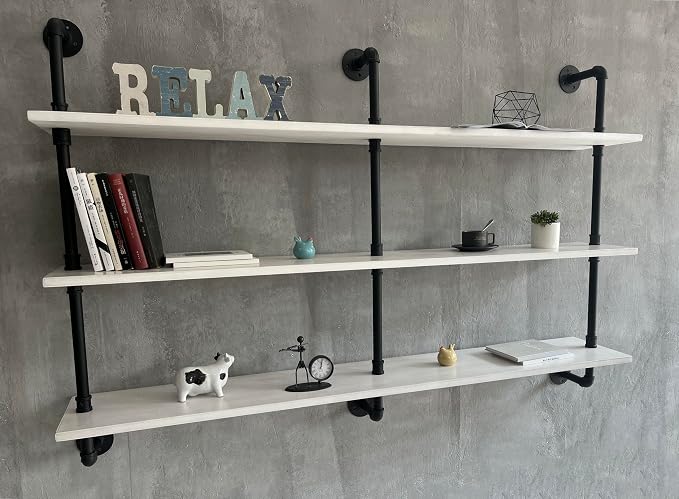 HDDFER Industrial Pipe Shelving Rustic White Pipe Wall Shelves Industrial Shelves with Wood Planks Floating Shelves 60 Inch Farmhouse Bathroom,Kitchen Shelving Wall Mounted