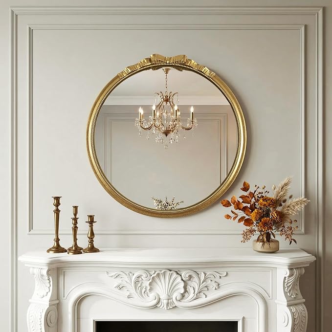 Vintage Gold Round Bow Mirror 28" – Decorative Metal Frame Circle Mirror with Beaded & Beveled Design, Antique Baroque Wall Mirror for Living Room, Bedroom, Bathroom, Entryway