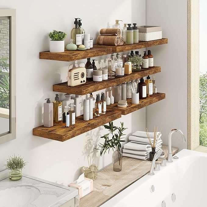 Fun Memories Floating Shelves - 2 Pack 9.3 Inch Deep Rustic Wooden Wall Shelves - Wall Mounted Storage Shelf with Invisible Brackets, 24" W x 9.3" D x 1.6" H - Rustic Brown