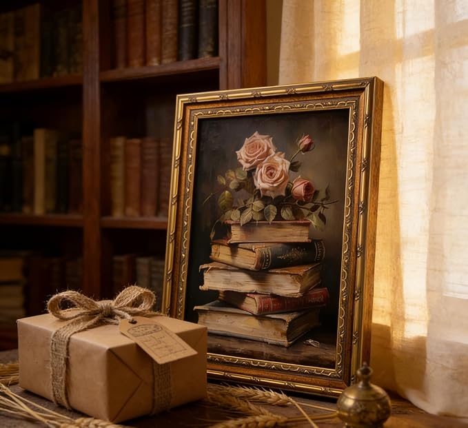 Vintage Gold Framed Retro Floral Books Wall Art Flowers Book Wall Decor Rose and Books Painting Pictures Retro Literary Pictures Artwork for study Gallery Living Room Bedroom 16X24in